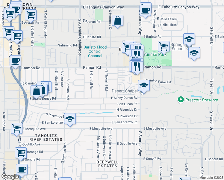 map of restaurants, bars, coffee shops, grocery stores, and more near 641 Dunes Court in Palm Springs