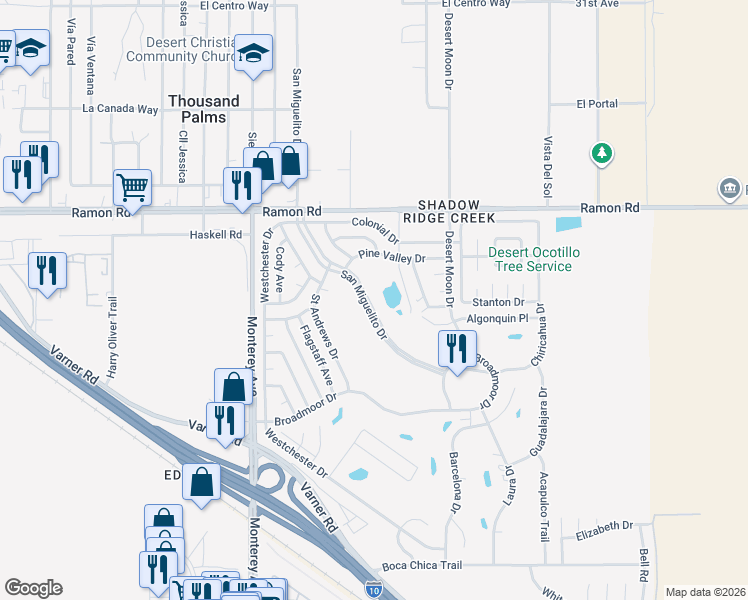 map of restaurants, bars, coffee shops, grocery stores, and more near 32380 San Miguelito Drive in Thousand Palms