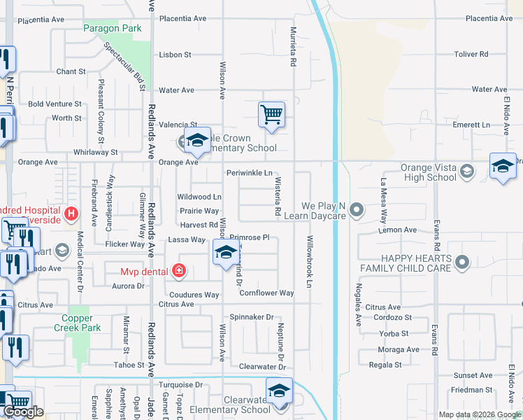 map of restaurants, bars, coffee shops, grocery stores, and more near 730 Anthirium Avenue in Perris