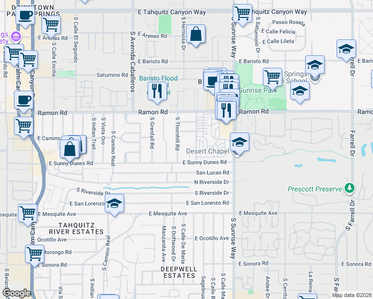 map of restaurants, bars, coffee shops, grocery stores, and more near 641 Dunes Court in Palm Springs