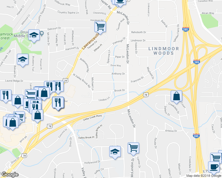 map of restaurants, bars, coffee shops, grocery stores, and more near 3082 Brook Drive in Decatur