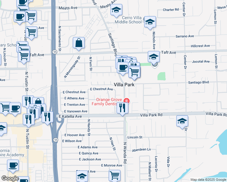 map of restaurants, bars, coffee shops, grocery stores, and more near 1544 North Harding Street in Orange