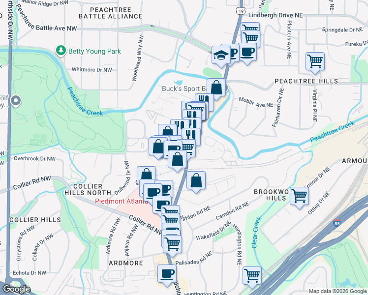 map of restaurants, bars, coffee shops, grocery stores, and more near 2144 Peachtree Road Northeast in Atlanta