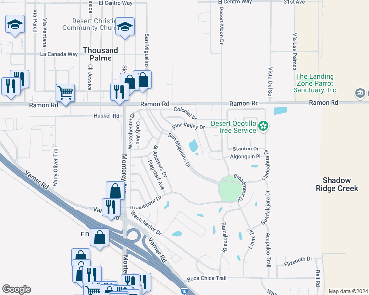 map of restaurants, bars, coffee shops, grocery stores, and more near 32380 San Miguelito Drive in Thousand Palms