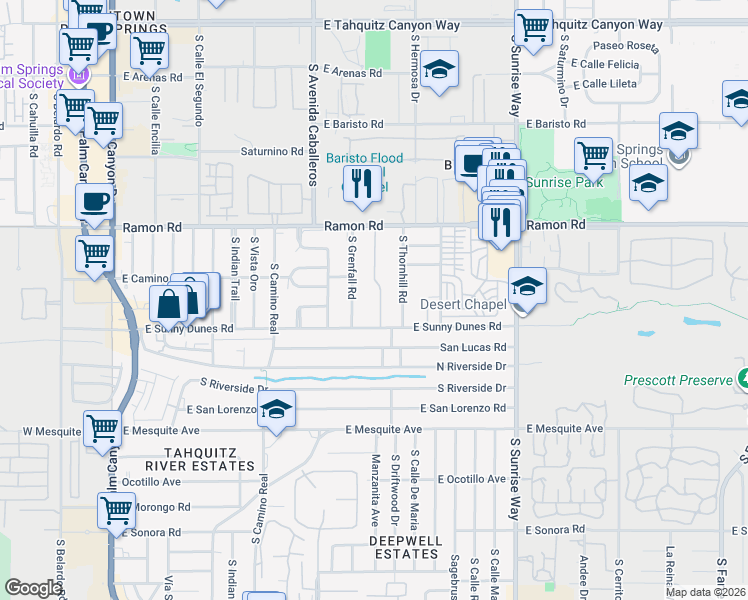 map of restaurants, bars, coffee shops, grocery stores, and more near 1111 Ramon Road in Palm Springs