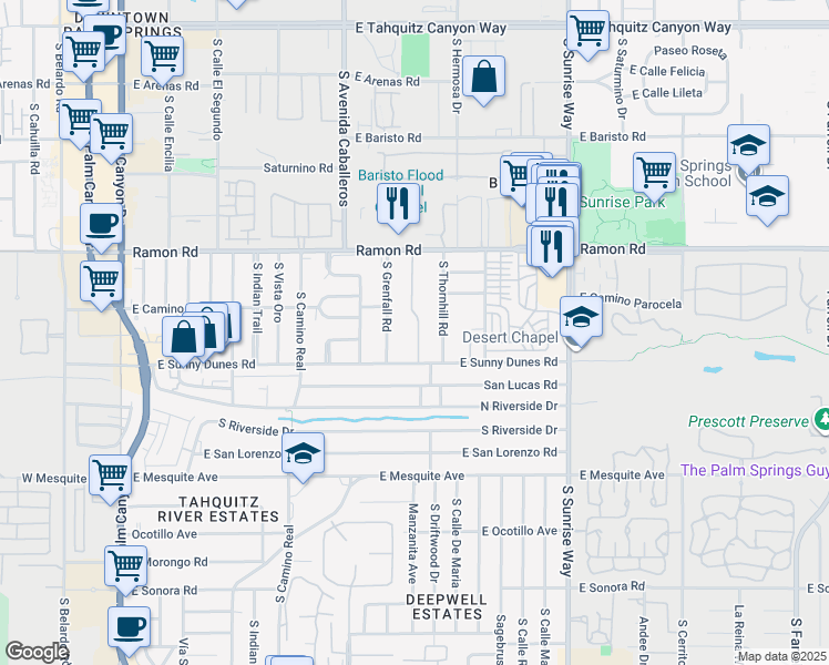 map of restaurants, bars, coffee shops, grocery stores, and more near 1111 Ramon Road in Palm Springs