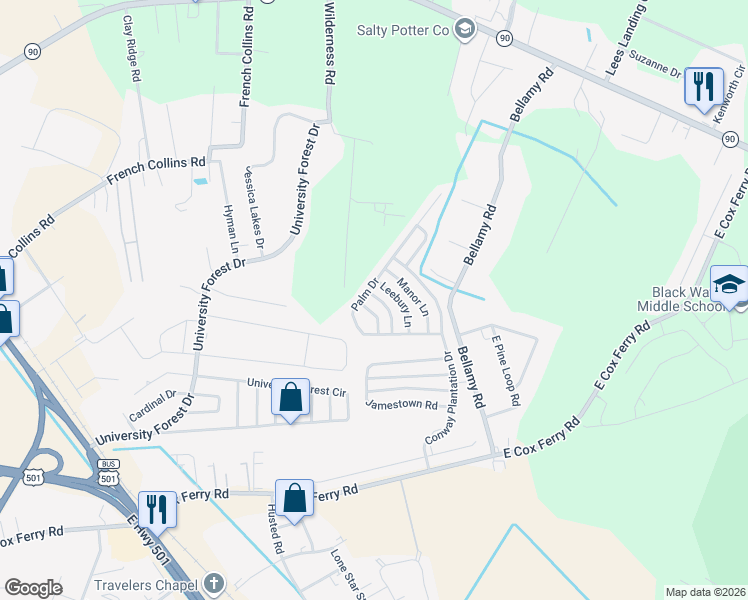 map of restaurants, bars, coffee shops, grocery stores, and more near 1071 Palm Drive in Conway