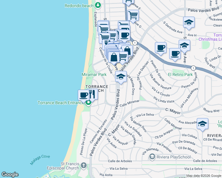 map of restaurants, bars, coffee shops, grocery stores, and more near 343 Palos Verdes Boulevard in Redondo Beach