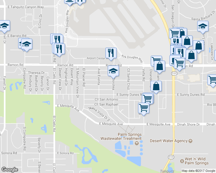 map of restaurants, bars, coffee shops, grocery stores, and more near 4011 East Camino San Simeon in Palm Springs