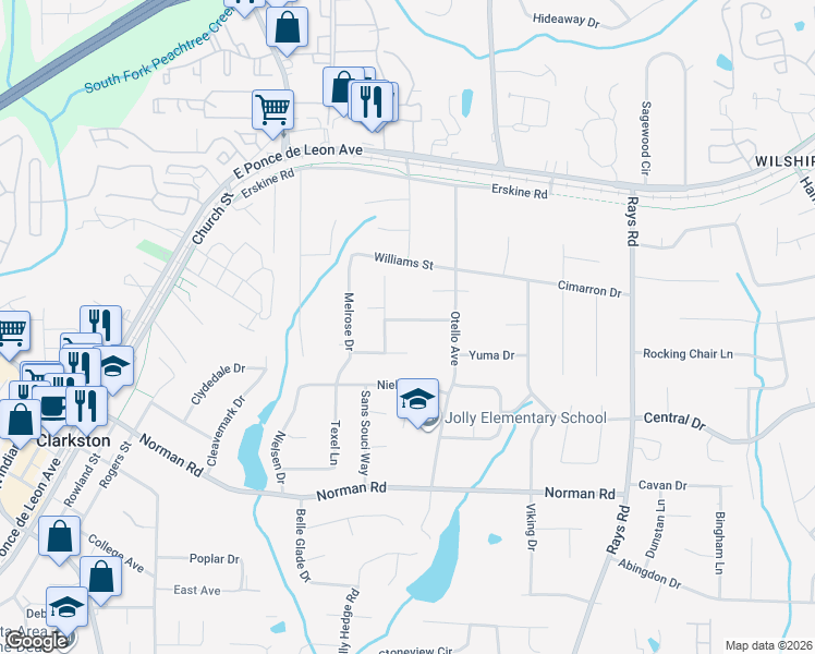 map of restaurants, bars, coffee shops, grocery stores, and more near 4239 Wheaton Lane in Clarkston