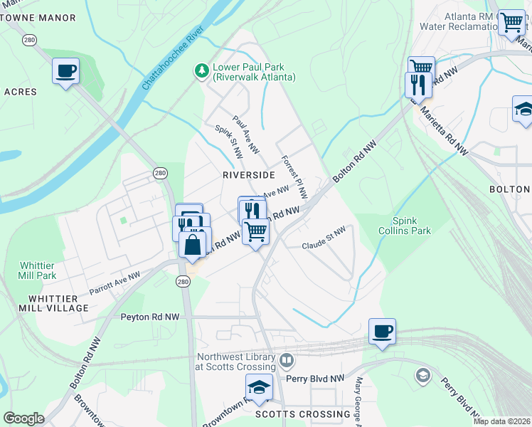 map of restaurants, bars, coffee shops, grocery stores, and more near 2104 Bolton Road Northwest in Atlanta