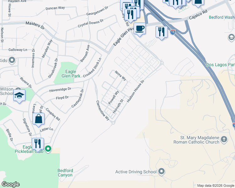 map of restaurants, bars, coffee shops, grocery stores, and more near 4165 Powell Way in Corona