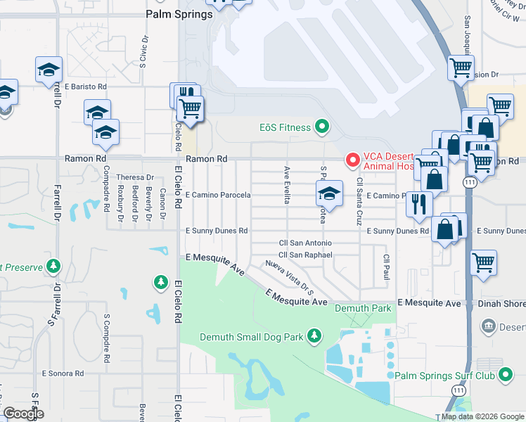 map of restaurants, bars, coffee shops, grocery stores, and more near 3735 East Camino San Simeon in Palm Springs