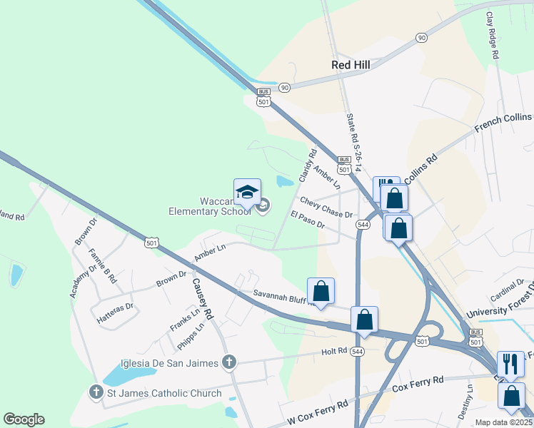 map of restaurants, bars, coffee shops, grocery stores, and more near 251 Claridy Road in Conway