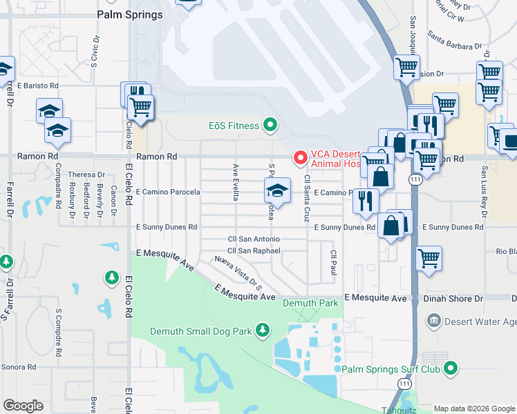 map of restaurants, bars, coffee shops, grocery stores, and more near 4011 East Camino San Simeon in Palm Springs