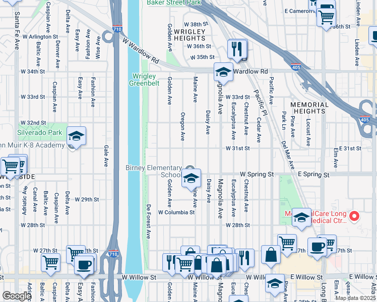 map of restaurants, bars, coffee shops, grocery stores, and more near 726 West 31st Street in Long Beach