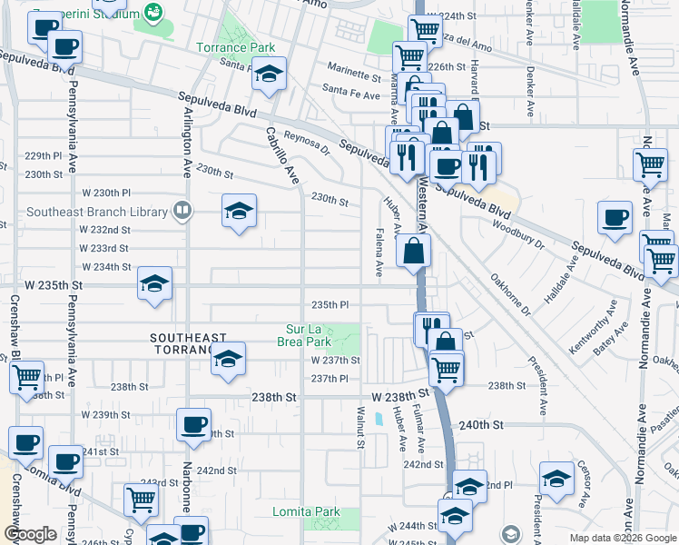 map of restaurants, bars, coffee shops, grocery stores, and more near 1928 West 234th Street in Torrance