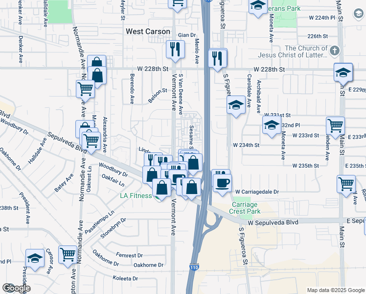 map of restaurants, bars, coffee shops, grocery stores, and more near 845 Coriander Drive in Torrance