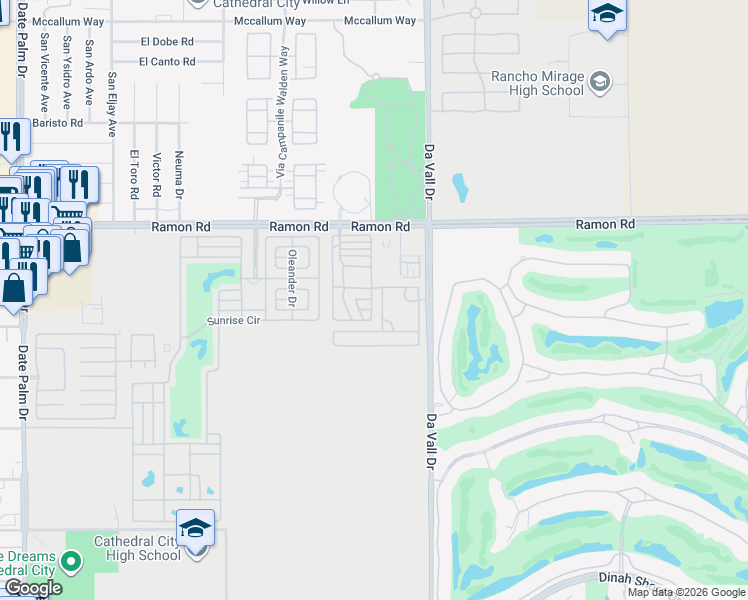 map of restaurants, bars, coffee shops, grocery stores, and more near 69801 Ramon Road in Cathedral City