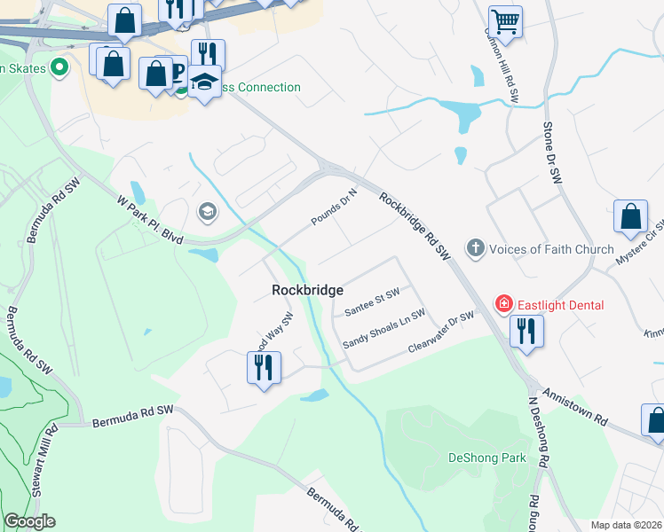 map of restaurants, bars, coffee shops, grocery stores, and more near 5296 Pounds Drive South in Stone Mountain