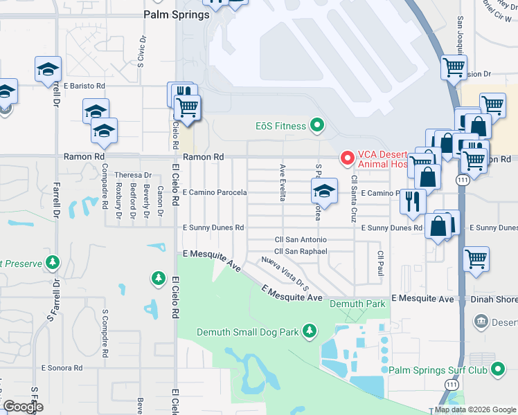 map of restaurants, bars, coffee shops, grocery stores, and more near 3735 East Camino San Simeon in Palm Springs