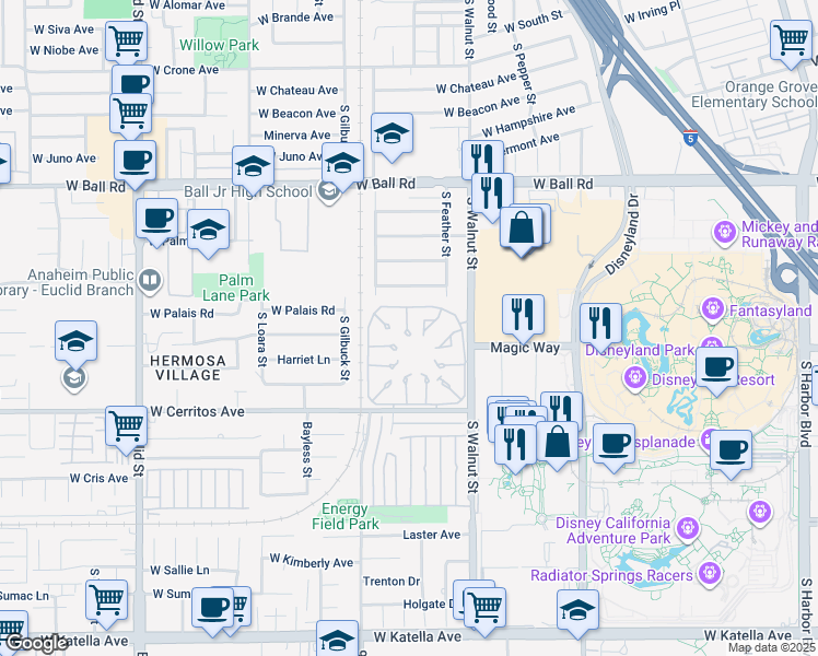 map of restaurants, bars, coffee shops, grocery stores, and more near 1357 South Walnut Street in Anaheim