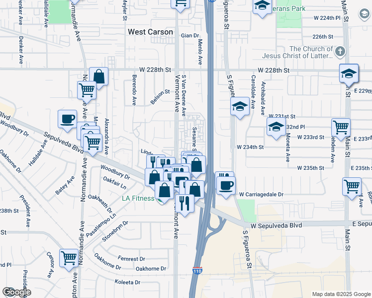 map of restaurants, bars, coffee shops, grocery stores, and more near 845 Coriander Drive in Torrance