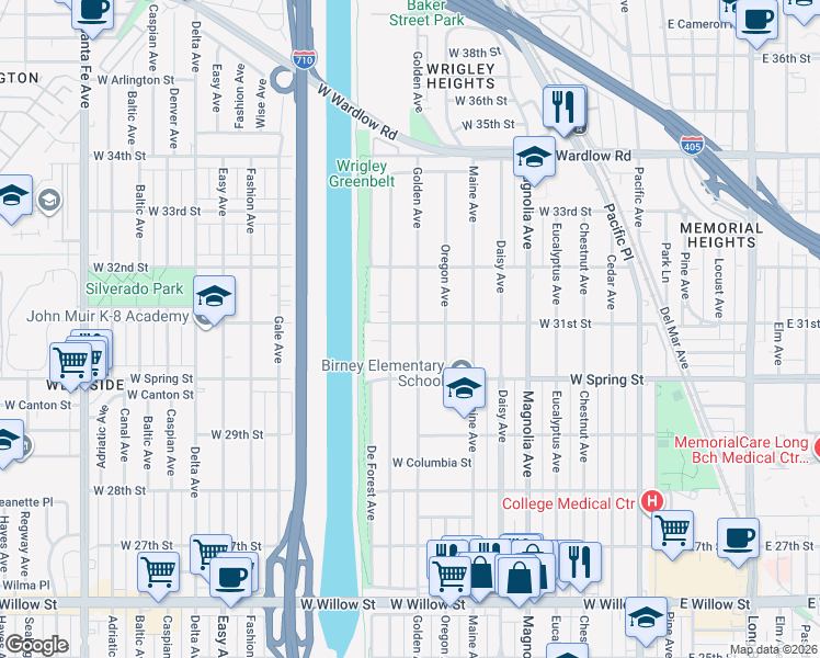 map of restaurants, bars, coffee shops, grocery stores, and more near 864 West 31st Street in Long Beach