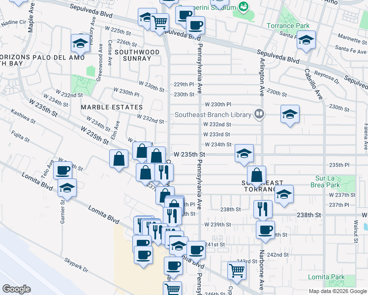 map of restaurants, bars, coffee shops, grocery stores, and more near 2415 West 235th Street in Torrance