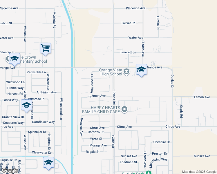 map of restaurants, bars, coffee shops, grocery stores, and more near 1179 Vallejo Street in Perris