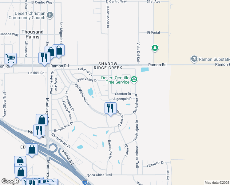 map of restaurants, bars, coffee shops, grocery stores, and more near 32421 Bowie Circle in Thousand Palms