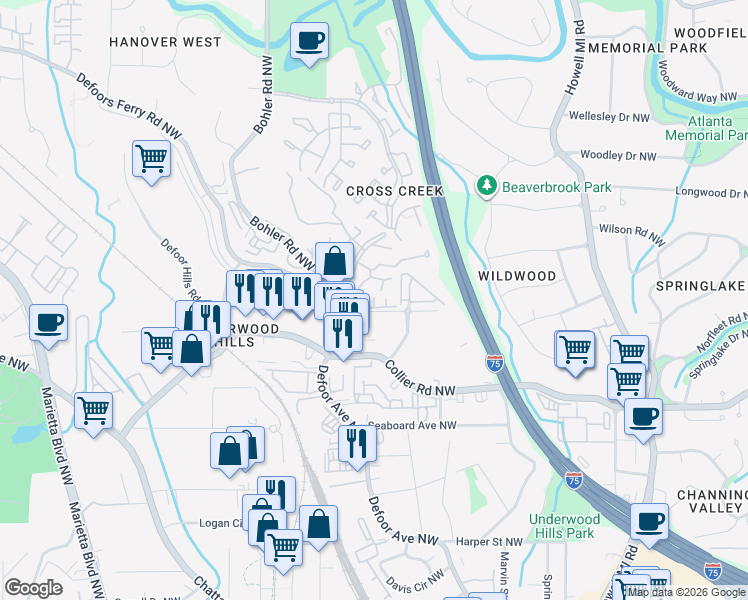 map of restaurants, bars, coffee shops, grocery stores, and more near 2113 Defoors Ferry Road Northwest in Atlanta