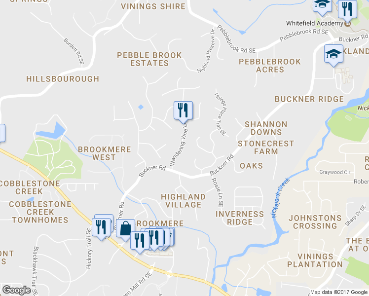 map of restaurants, bars, coffee shops, grocery stores, and more near 5651 Wandering Vine Lane Southeast in Mableton