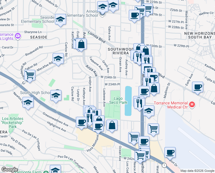 map of restaurants, bars, coffee shops, grocery stores, and more near 4026 West 234th Place in Torrance