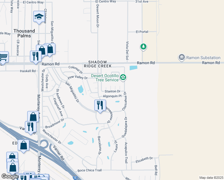 map of restaurants, bars, coffee shops, grocery stores, and more near 32420 Sonoma Circle in Thousand Palms