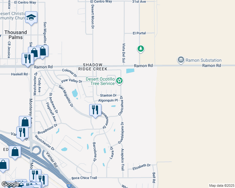 map of restaurants, bars, coffee shops, grocery stores, and more near 73741 Stanton Drive in Thousand Palms