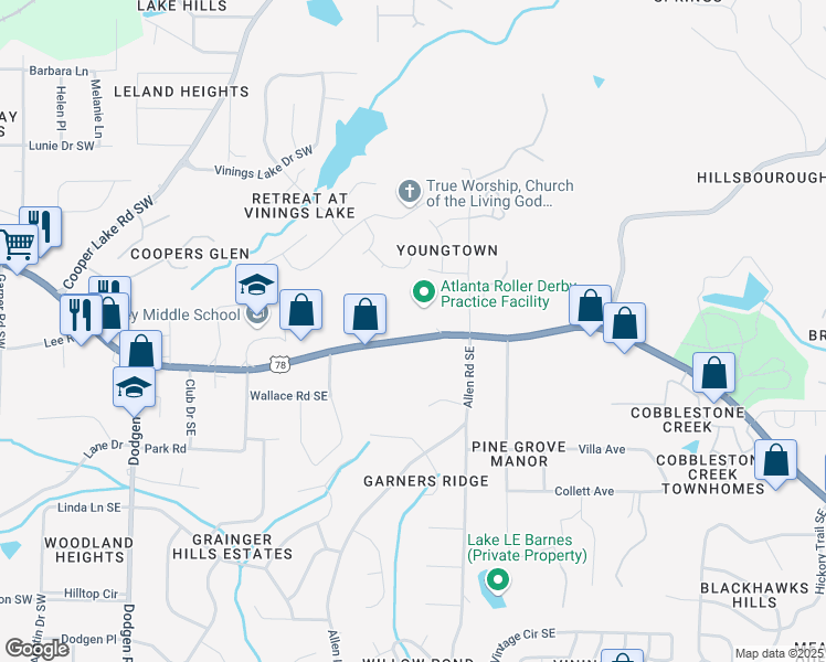 map of restaurants, bars, coffee shops, grocery stores, and more near 281 U.S. 78 in Mableton