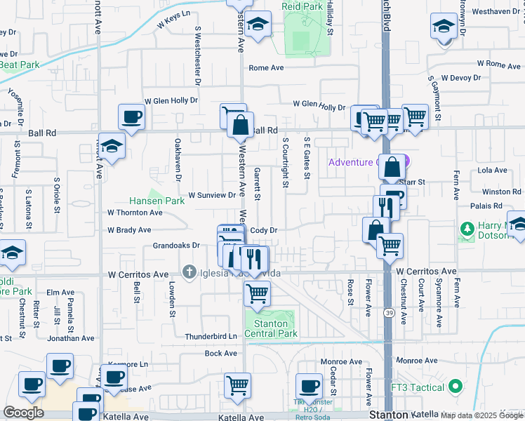 map of restaurants, bars, coffee shops, grocery stores, and more near 10291 Masterson Road in Stanton