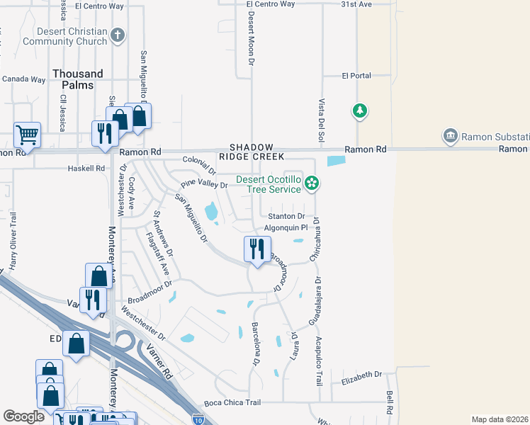 map of restaurants, bars, coffee shops, grocery stores, and more near 32421 Bowie Circle in Thousand Palms