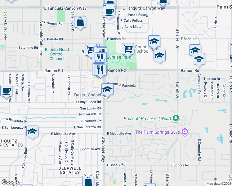 map of restaurants, bars, coffee shops, grocery stores, and more near 2001 East Cam Parocela in Palm Springs