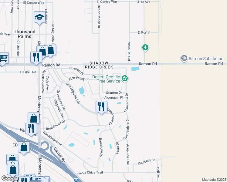 map of restaurants, bars, coffee shops, grocery stores, and more near 32420 Sonoma Circle in Thousand Palms