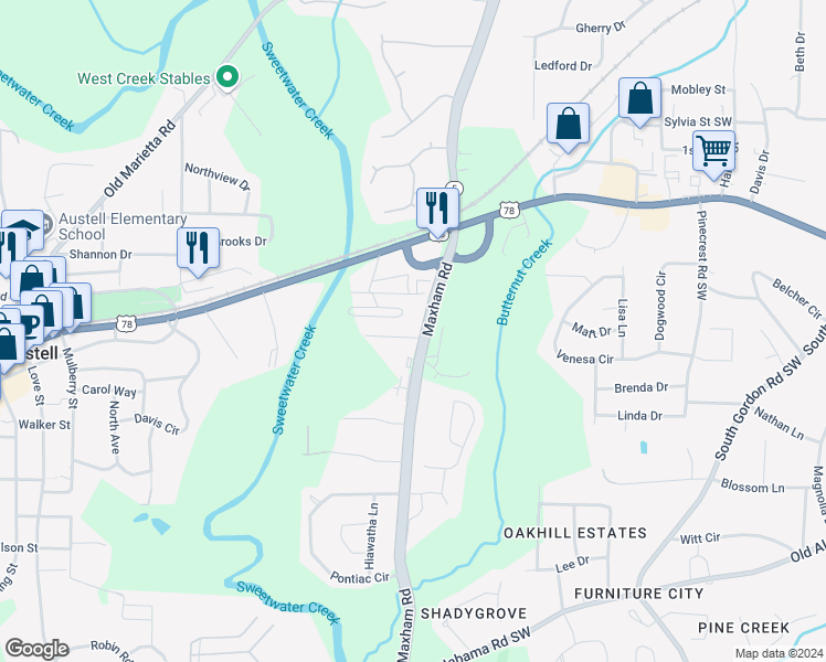 map of restaurants, bars, coffee shops, grocery stores, and more near 3005 Creekside Overlook Way in Austell