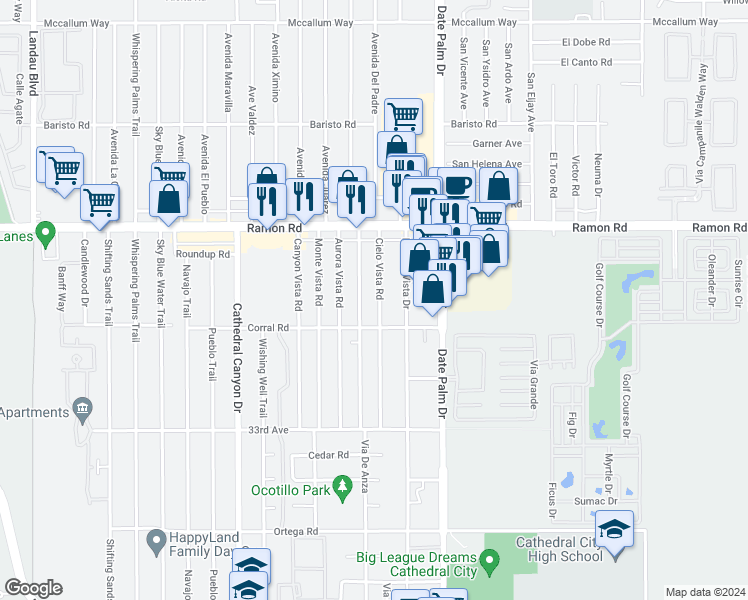 map of restaurants, bars, coffee shops, grocery stores, and more near 32400 Desert Vista Road in Cathedral City