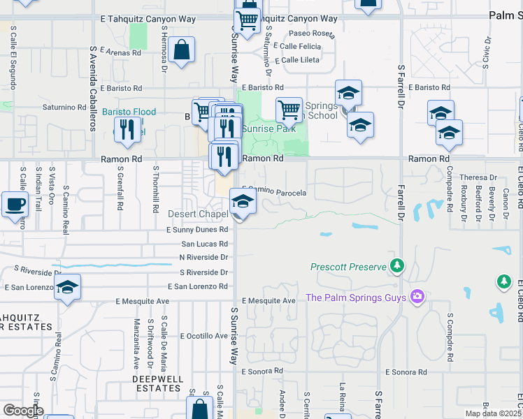 map of restaurants, bars, coffee shops, grocery stores, and more near 2001 East Cam Parocela in Palm Springs