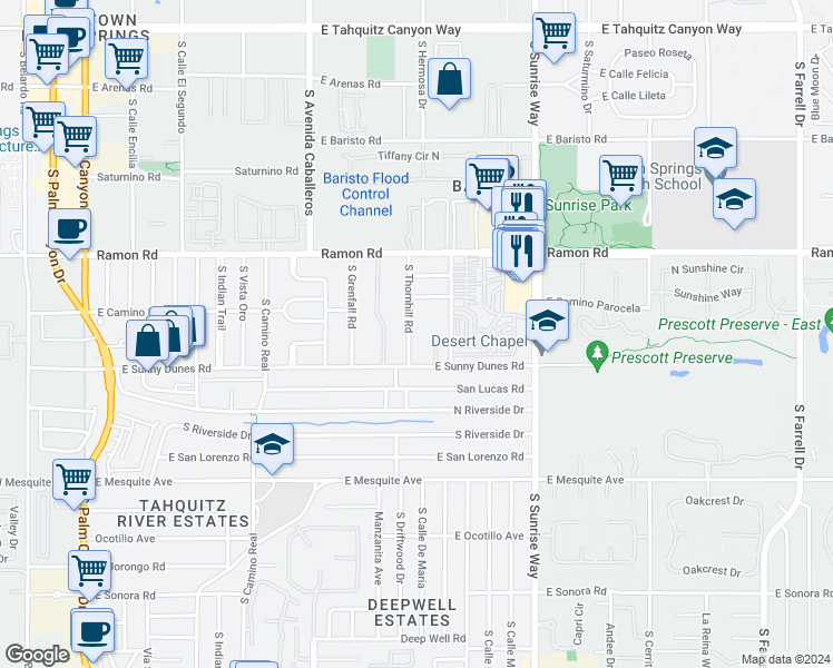 map of restaurants, bars, coffee shops, grocery stores, and more near 677 South Thornhill Road in Palm Springs