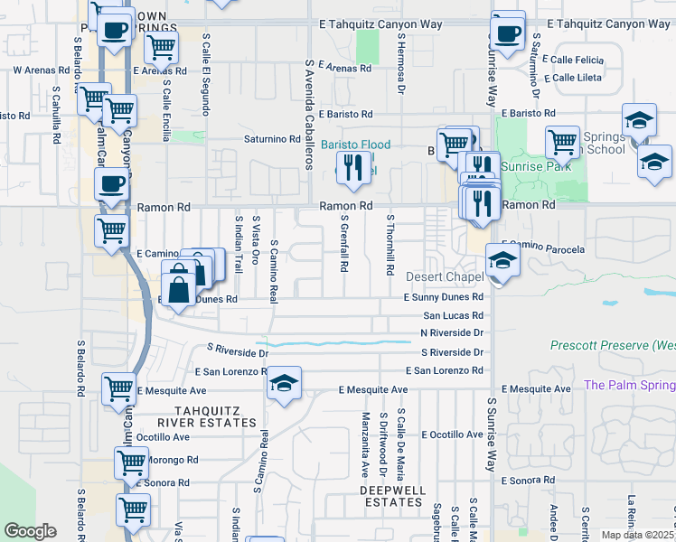 map of restaurants, bars, coffee shops, grocery stores, and more near 650 South Grenfall Road in Palm Springs