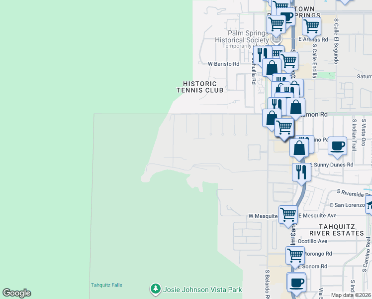 map of restaurants, bars, coffee shops, grocery stores, and more near 770 South La Mirada Road in Palm Springs