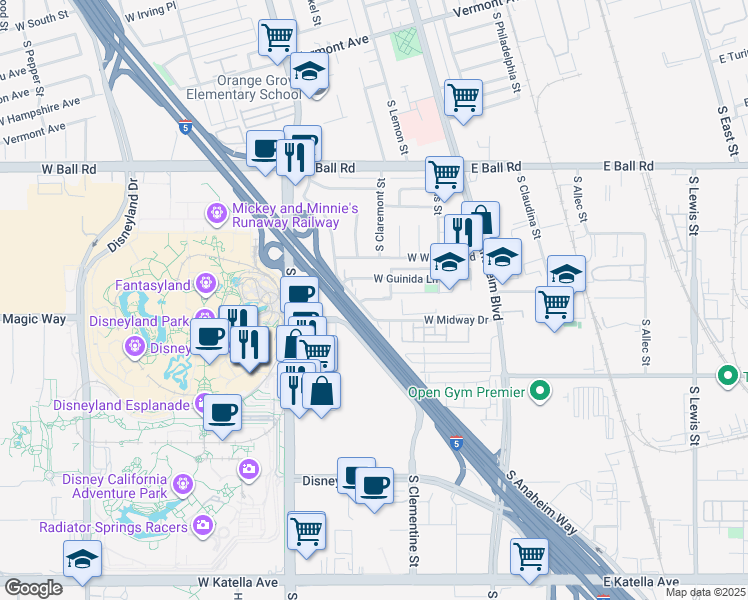 map of restaurants, bars, coffee shops, grocery stores, and more near 310 West Palais Road in Anaheim