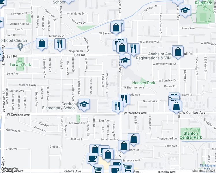 map of restaurants, bars, coffee shops, grocery stores, and more near 3539 West Greentree Circle in Anaheim