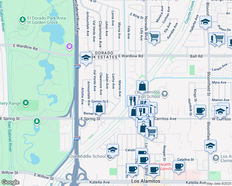 map of restaurants, bars, coffee shops, grocery stores, and more near 3116 Marna Avenue in Long Beach
